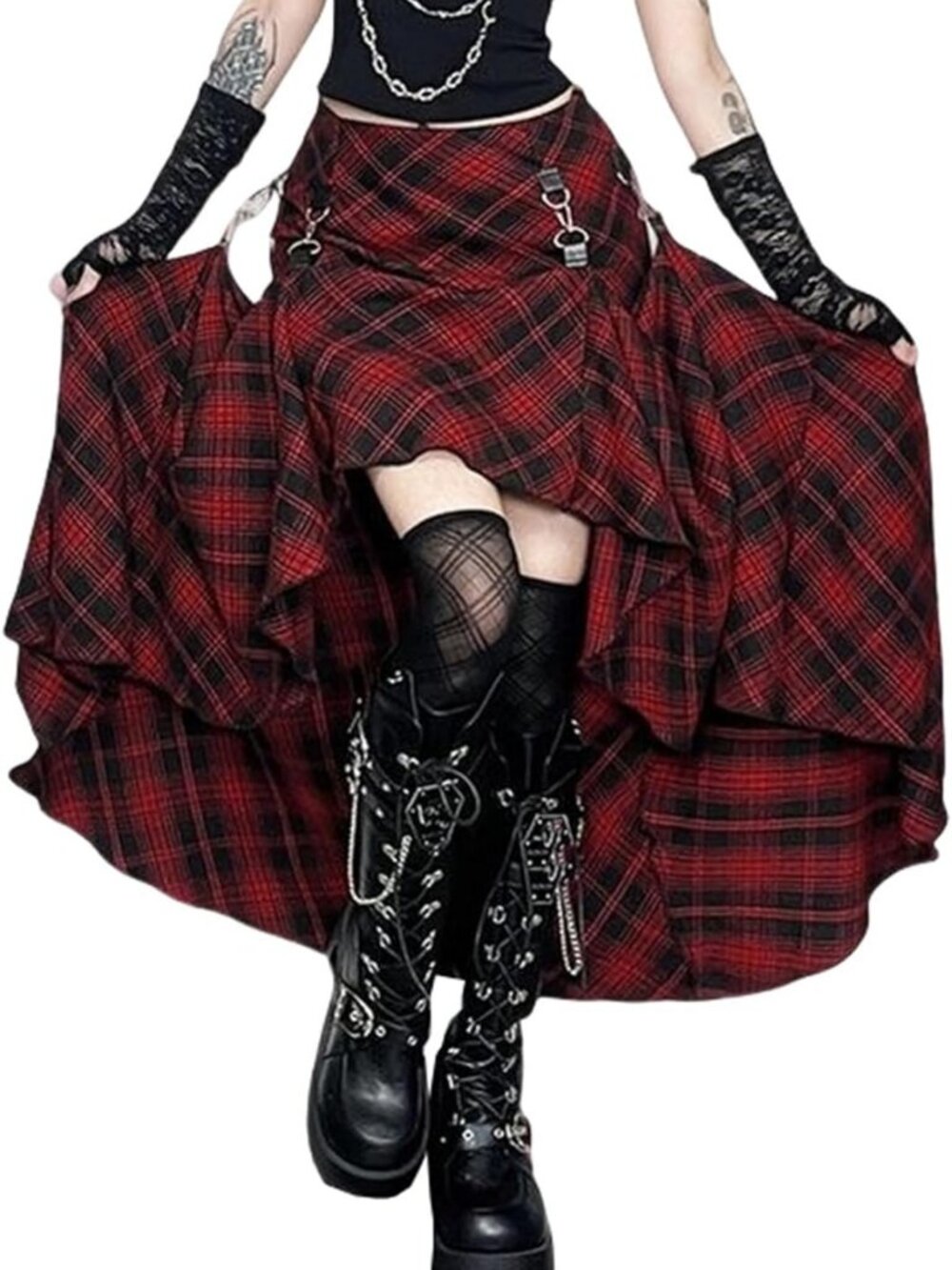 Gothic Asymmetrical Midi Skirt | Hi-Low Punk Plaid Y2K Fairy 90s Flowy Style